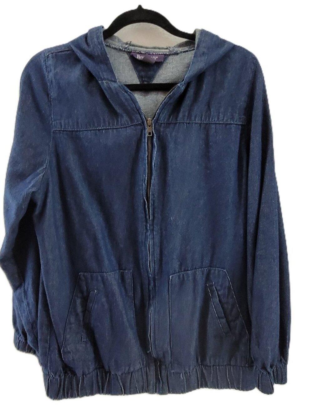 Roaman's Denim Jacket Women's 12 Blue Jean Hooded Zip up Long Sleeve Cotton